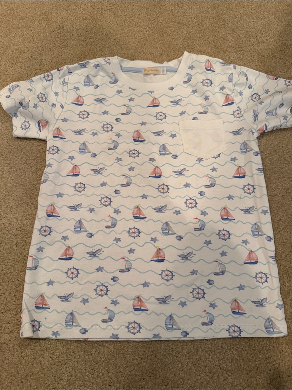 Kids White Nautical Pocket Tee with Sailboat Print